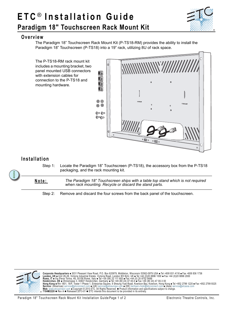 ETC Unison Paradigm 18-inch Touchscreen Rack Mount Kit User Manual | 2 pages