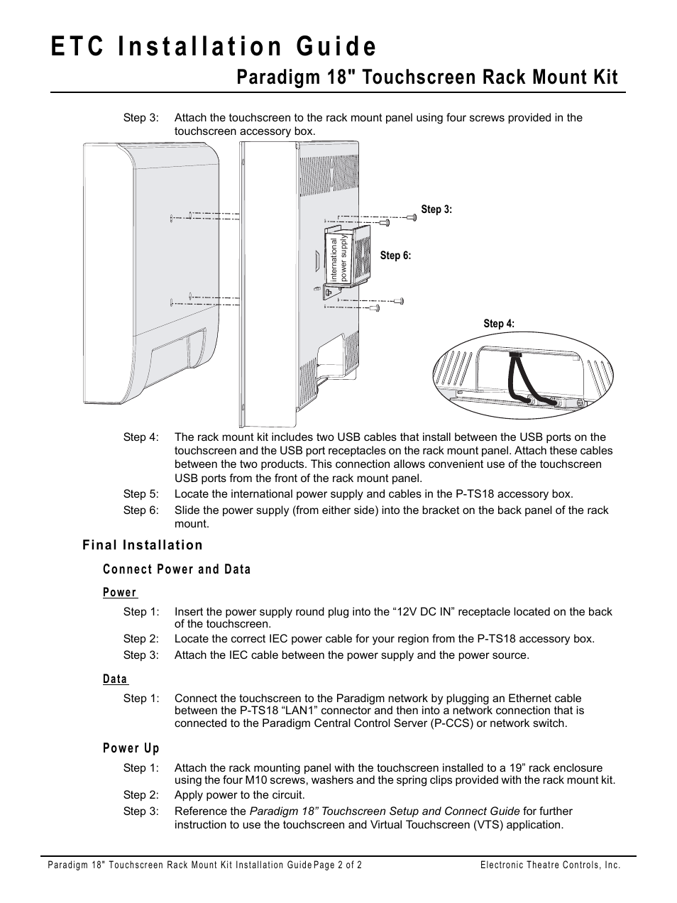 Final installation, Connect power and data, Power | Data, Power up, Paradigm 18" touchscreen rack mount kit | ETC Unison Paradigm 18-inch Touchscreen Rack Mount Kit User Manual | Page 2 / 2