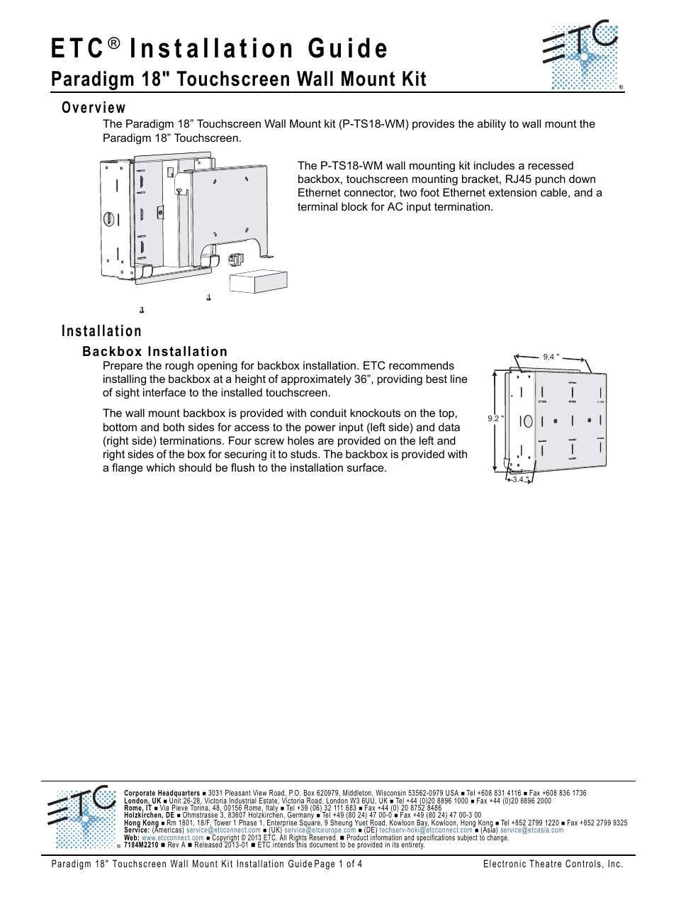 ETC Unison Paradigm 18-inch Touchscreen Wall Mount Kit User Manual | 4 pages