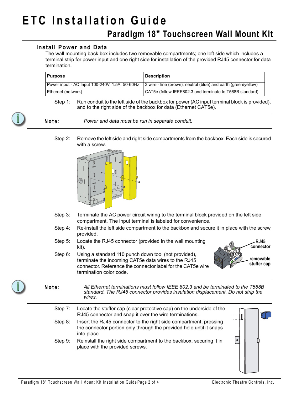 Install power and data, Paradigm 18" touchscreen wall mount kit | ETC Unison Paradigm 18-inch Touchscreen Wall Mount Kit User Manual | Page 2 / 4