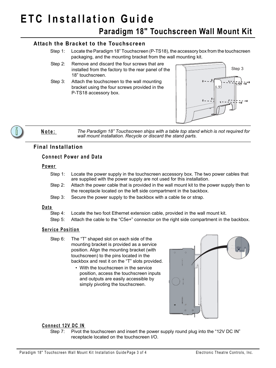Attach the bracket to the touchscreen, Final installation, Connect power and data | Power, Data, Service position, Connect 12v dc in, Paradigm 18" touchscreen wall mount kit | ETC Unison Paradigm 18-inch Touchscreen Wall Mount Kit User Manual | Page 3 / 4