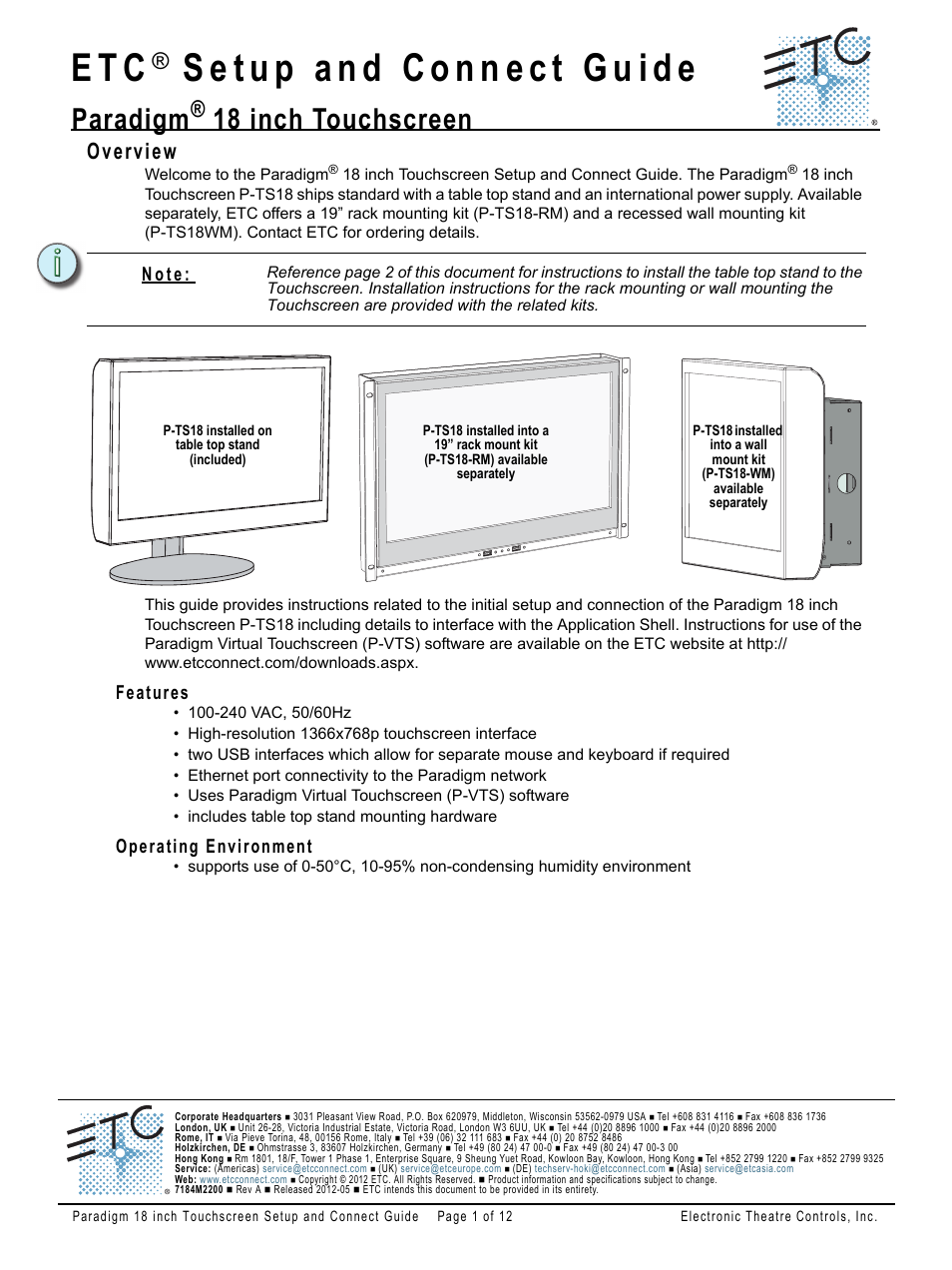ETC Unison Paradigm 18-inch Touchscreen Setup and Connect Guide User Manual | 12 pages