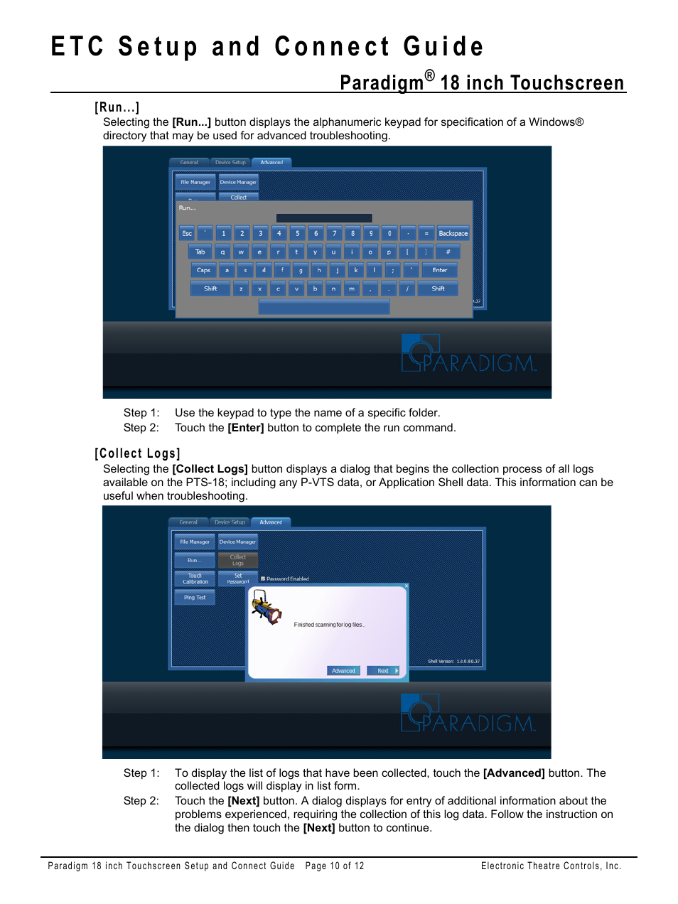 Collect logs, Paradigm, 18 inch touchscreen | ETC Unison Paradigm 18-inch Touchscreen Setup and Connect Guide User Manual | Page 10 / 12
