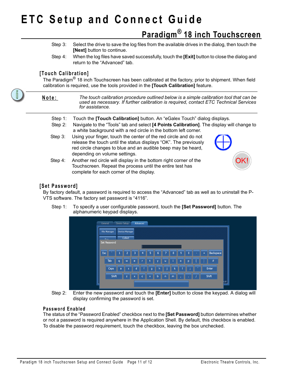 Touch calibration, Set password, Password enabled | Paradigm, 18 inch touchscreen | ETC Unison Paradigm 18-inch Touchscreen Setup and Connect Guide User Manual | Page 11 / 12