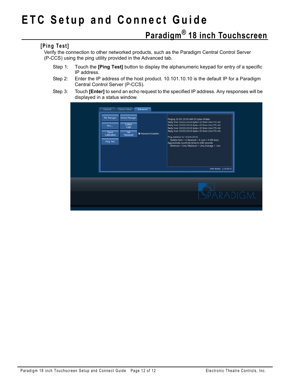 Ping test, Paradigm, 18 inch touchscreen | ETC Unison Paradigm 18-inch Touchscreen Setup and Connect Guide User Manual | Page 12 / 12