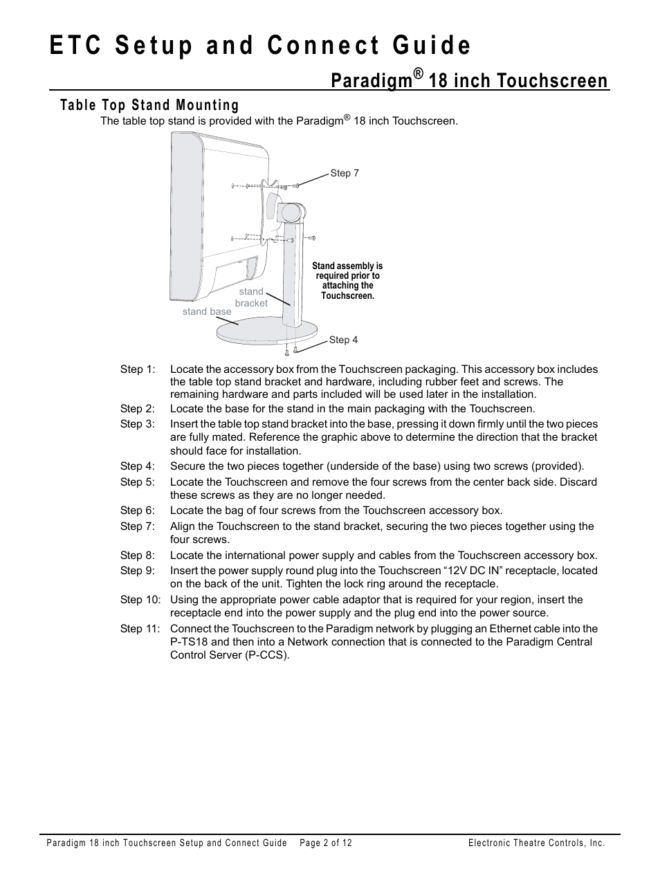 Table top stand mounting, Paradigm, 18 inch touchscreen | ETC Unison Paradigm 18-inch Touchscreen Setup and Connect Guide User Manual | Page 2 / 12
