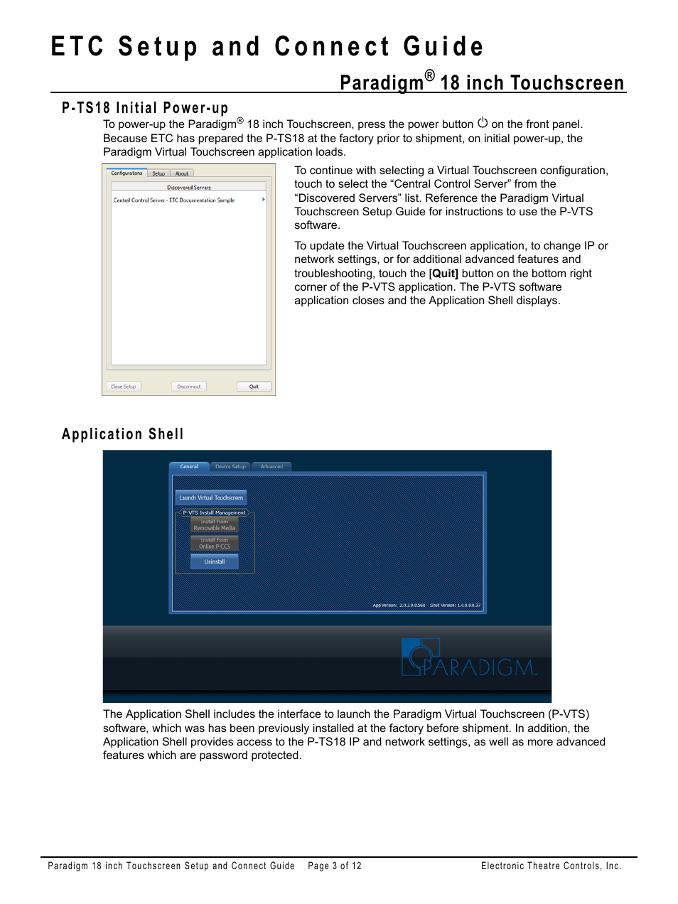 P-ts18 initial power-up, Application shell, Paradigm | 18 inch touchscreen | ETC Unison Paradigm 18-inch Touchscreen Setup and Connect Guide User Manual | Page 3 / 12