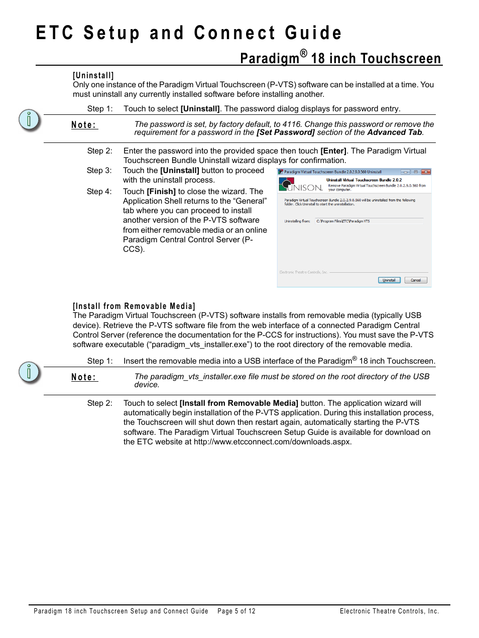 Uninstall, Install from removable media, Paradigm | 18 inch touchscreen | ETC Unison Paradigm 18-inch Touchscreen Setup and Connect Guide User Manual | Page 5 / 12