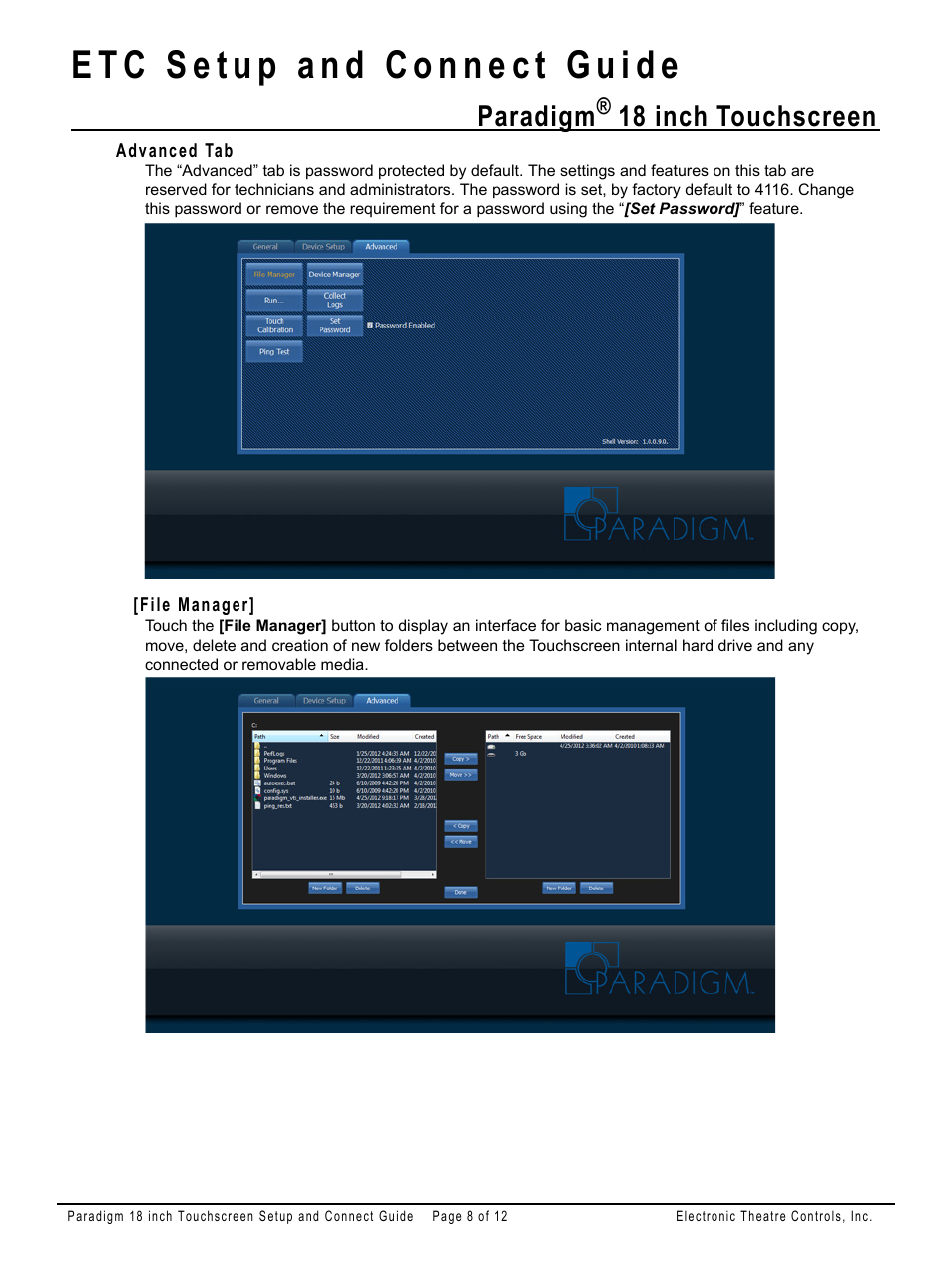Advanced tab, File manager, Paradigm | 18 inch touchscreen | ETC Unison Paradigm 18-inch Touchscreen Setup and Connect Guide User Manual | Page 8 / 12
