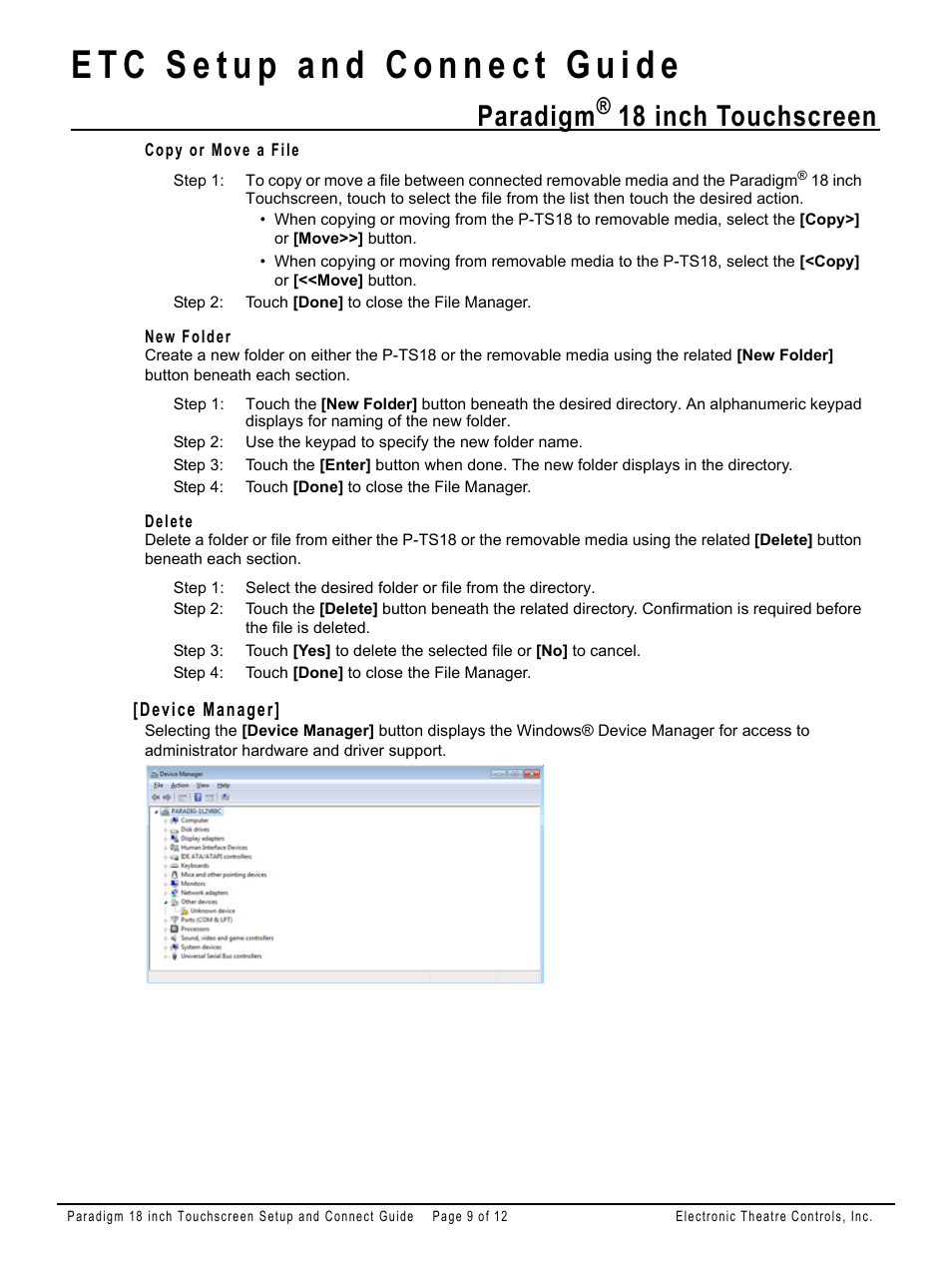 Copy or move a file, New folder, Delete | Device manager, Paradigm, 18 inch touchscreen | ETC Unison Paradigm 18-inch Touchscreen Setup and Connect Guide User Manual | Page 9 / 12