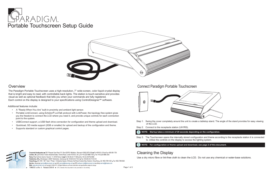 ETC Unison Paradigm Portable Touchscreen User Manual | 2 pages