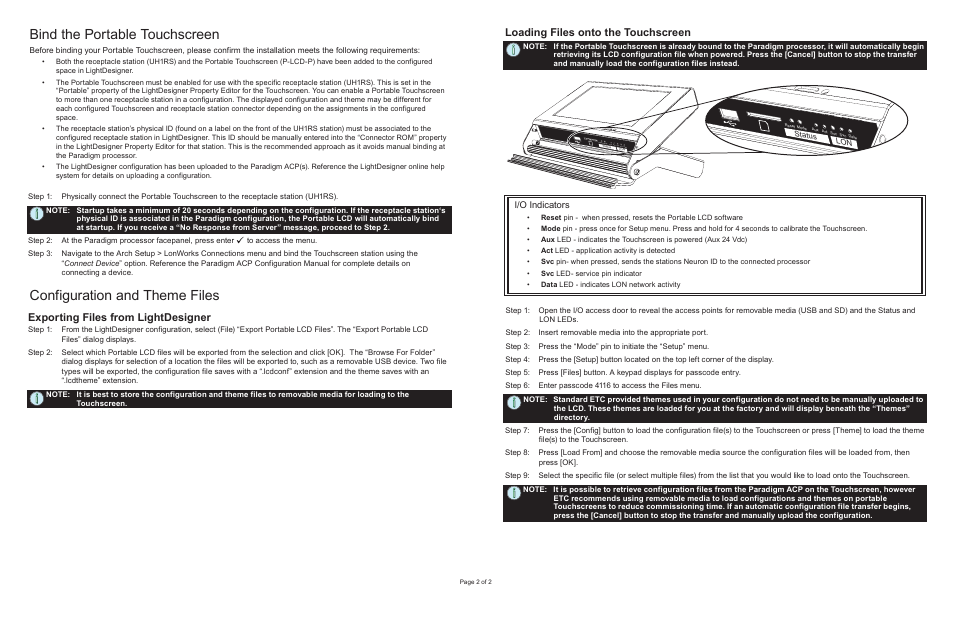 Bind the portable touchscreen, Configuration and theme files, Exporting files from lightdesigner | Loading files onto the touchscreen, I/o indicators | ETC Unison Paradigm Portable Touchscreen User Manual | Page 2 / 2