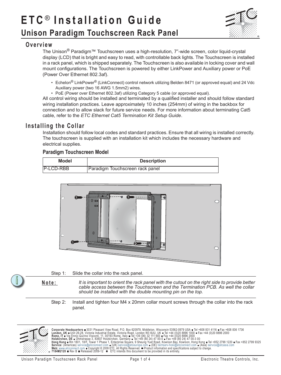ETC Unison Paradigm Rack Mount Touchscreen User Manual | 4 pages