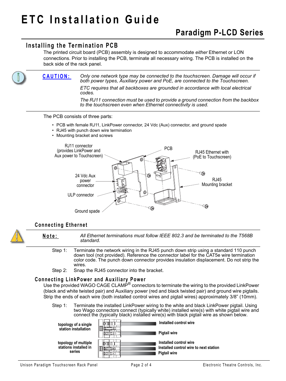 Installing the termination pcb, Connecting ethernet, Connecting linkpower and auxiliary power | Paradigm p-lcd series | ETC Unison Paradigm Rack Mount Touchscreen User Manual | Page 2 / 4