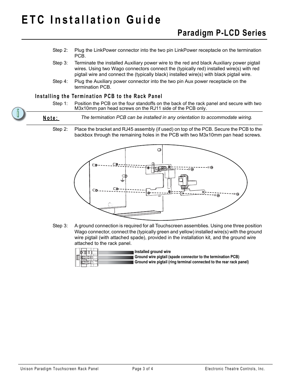 Installing the termination pcb to the rack panel, Paradigm p-lcd series | ETC Unison Paradigm Rack Mount Touchscreen User Manual | Page 3 / 4