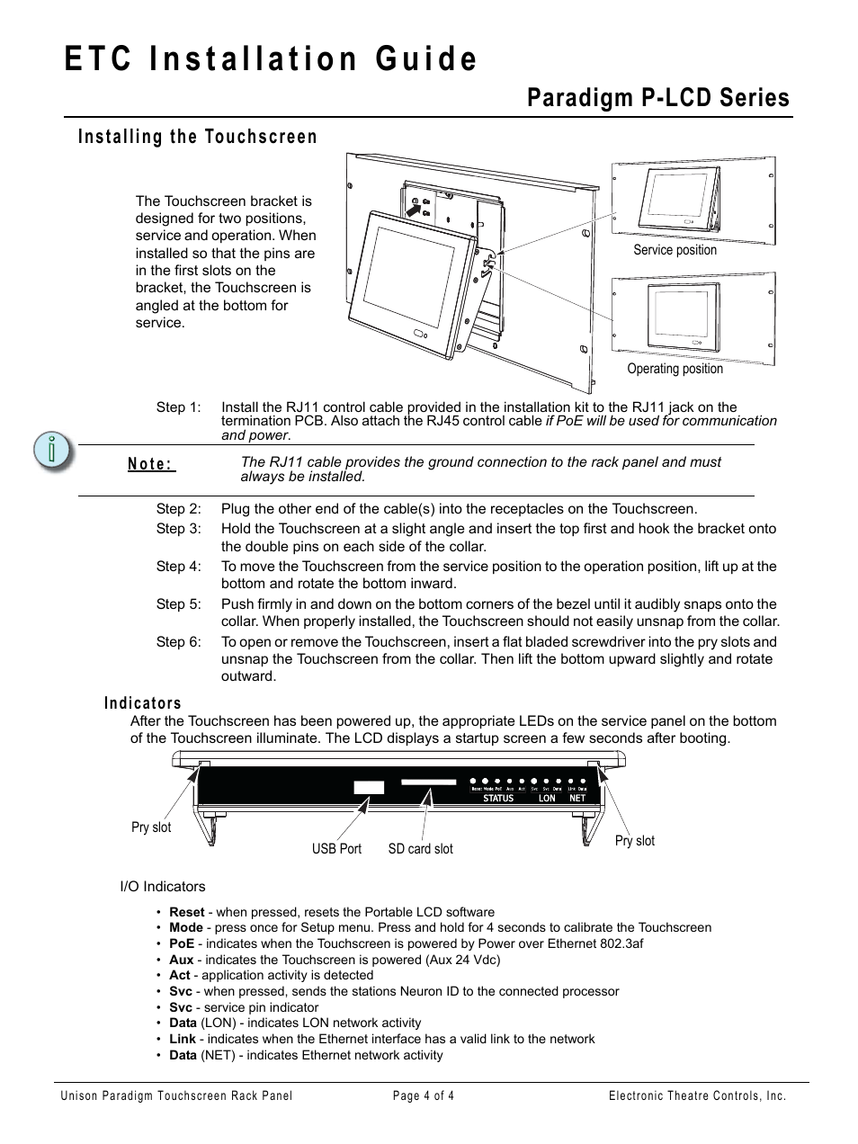 Installing the touchscreen, Indicators, Paradigm p-lcd series | ETC Unison Paradigm Rack Mount Touchscreen User Manual | Page 4 / 4