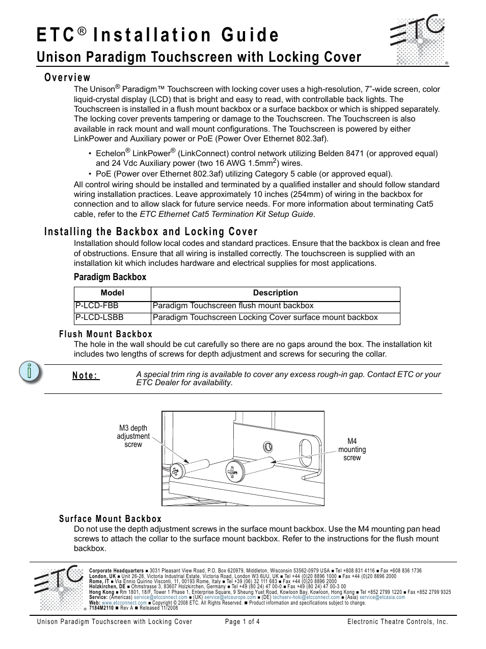 ETC Unison Paradigm Touchscreen with Locking Cover User Manual | 4 pages