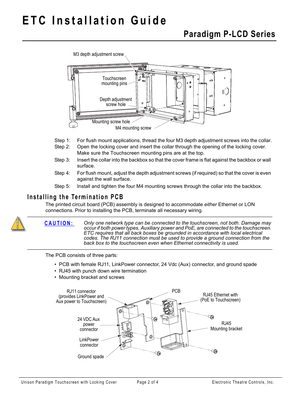 Installing the termination pcb, Paradigm p-lcd series | ETC Unison Paradigm Touchscreen with Locking Cover User Manual | Page 2 / 4