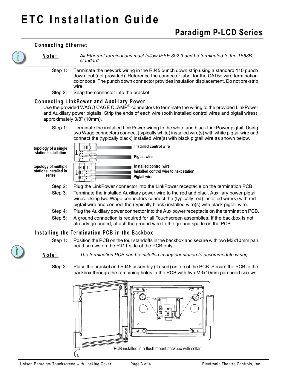 Connecting ethernet, Connecting linkpower and auxiliary power, Installing the termination pcb in the backbox | Paradigm p-lcd series | ETC Unison Paradigm Touchscreen with Locking Cover User Manual | Page 3 / 4