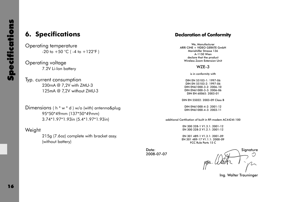 Specifications, Operating temperature, Operating voltage | Typ. current consumption, Dimensions, Weight | ARRI Wireless Zoom Extension Unit WZE - 3 User Manual | Page 16 / 18