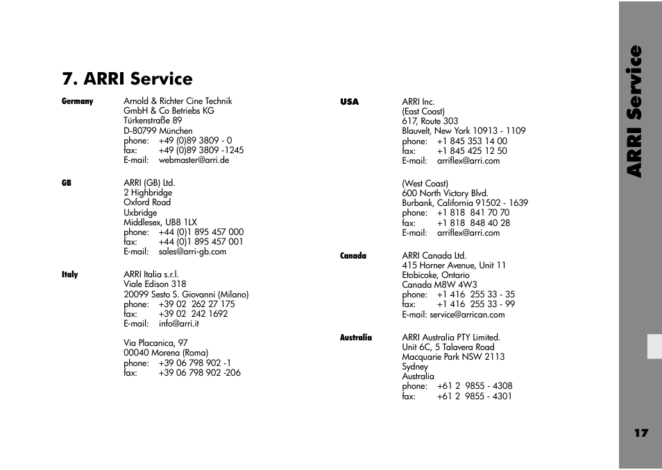 Arri service | ARRI Wireless Zoom Extension Unit WZE - 3 User Manual | Page 17 / 18