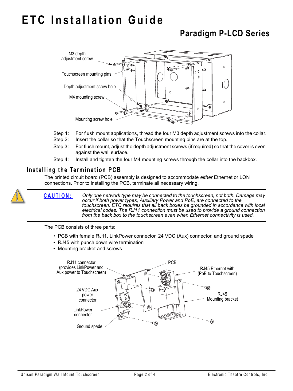 Installing the termination pcb, Paradigm p-lcd series | ETC Unison Paradigm Wall Mount Touchscreen User Manual | Page 2 / 4