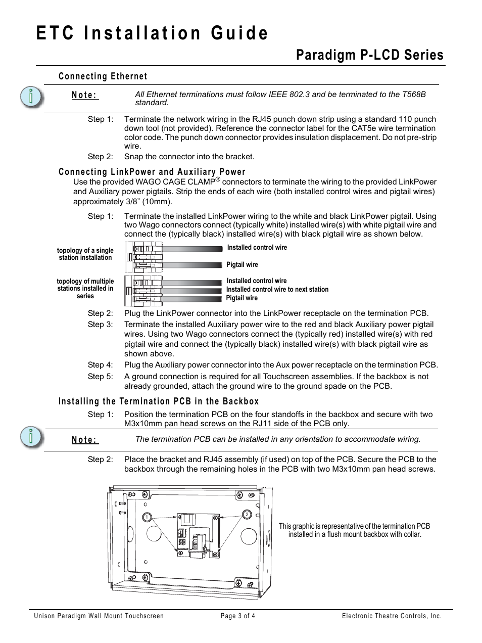 Connecting ethernet, Connecting linkpower and auxiliary power, Installing the termination pcb in the backbox | Paradigm p-lcd series, N o t e | ETC Unison Paradigm Wall Mount Touchscreen User Manual | Page 3 / 4