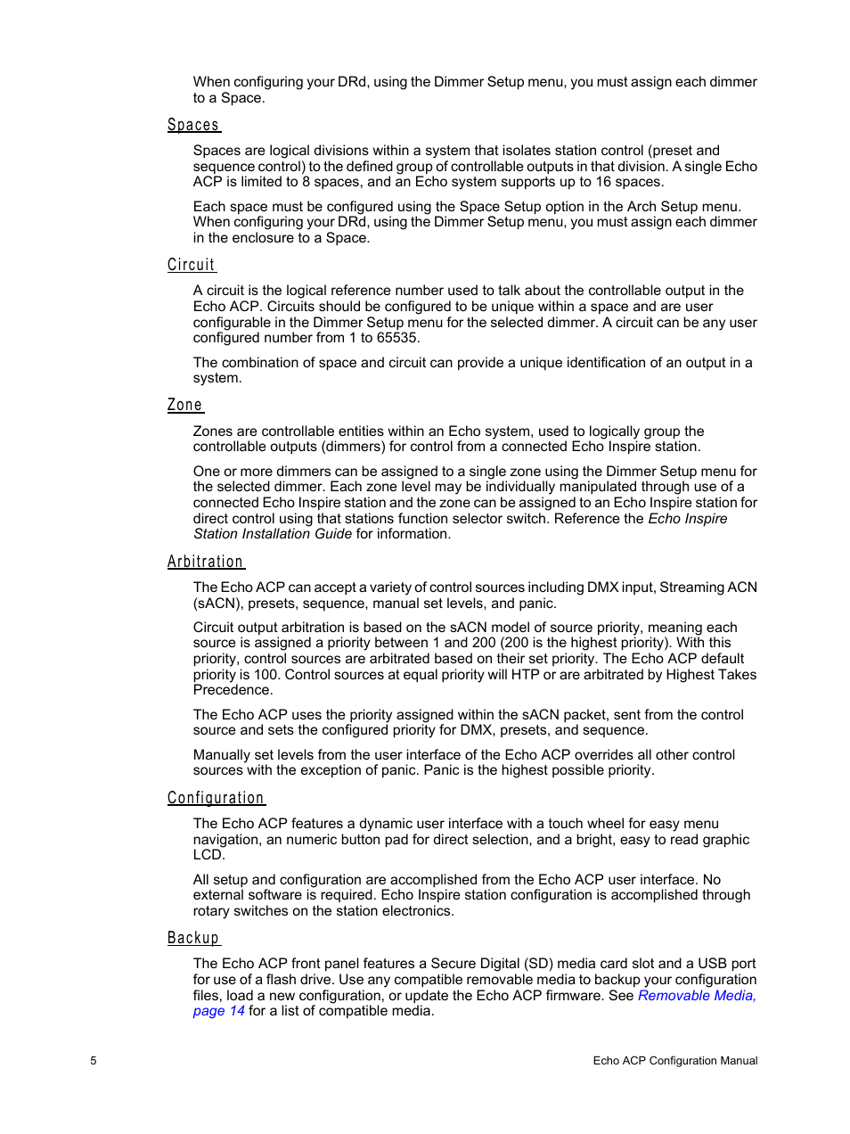 Spaces, Circuit, Zone | Arbitration, Configuration, Backup | ETC Echo Architectural Control Processor (ACP) v1.0.0 User Manual | Page 10 / 88