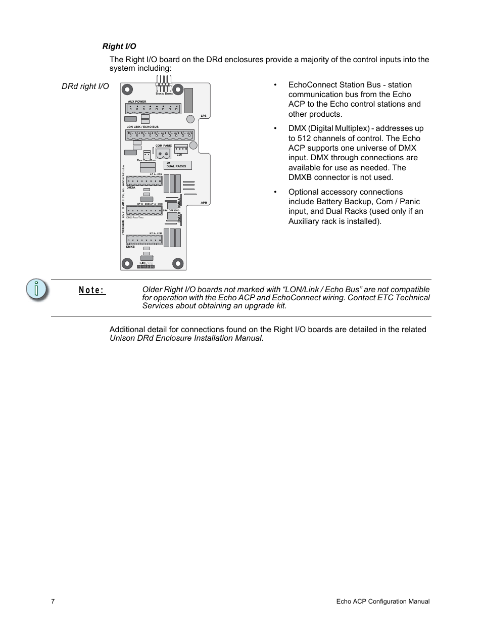 Right i/o, N o t e, 7echo acp configuration manual | ETC Echo Architectural Control Processor (ACP) v1.0.0 User Manual | Page 12 / 88