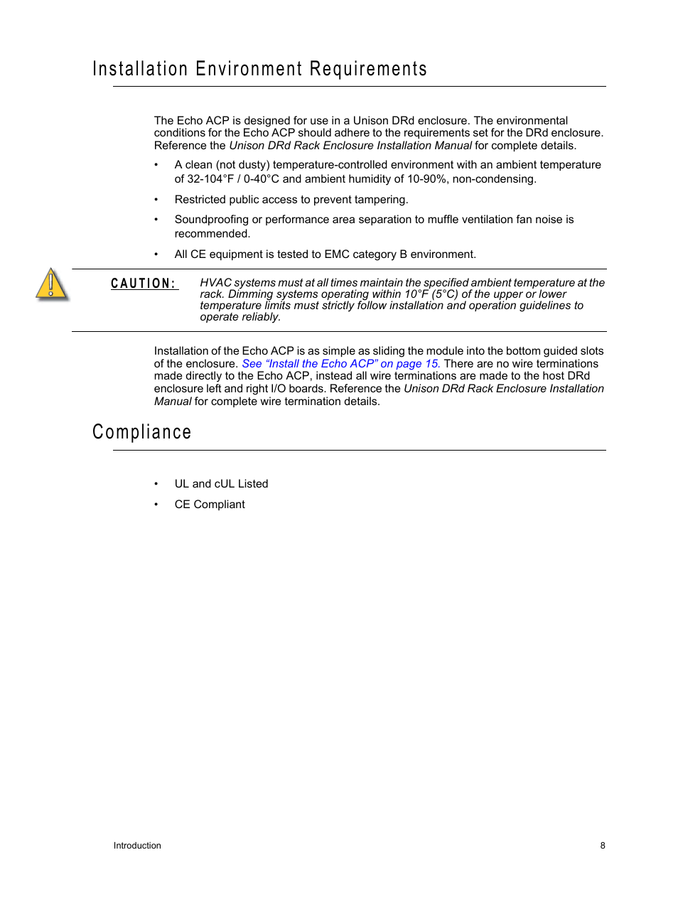 Installation environment requirements, Compliance | ETC Echo Architectural Control Processor (ACP) v1.0.0 User Manual | Page 13 / 88