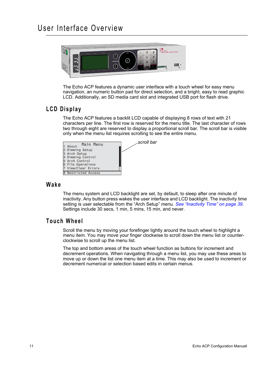 User interface overview, Lcd display, Wake | Touch wheel, Lcd display wake touch wheel | ETC Echo Architectural Control Processor (ACP) v1.0.0 User Manual | Page 16 / 88