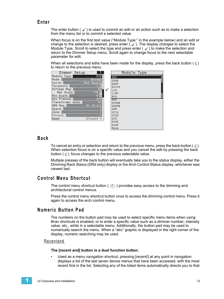 Enter, Back, Control menu shortcut | Numeric button pad, Recentand | ETC Echo Architectural Control Processor (ACP) v1.0.0 User Manual | Page 17 / 88
