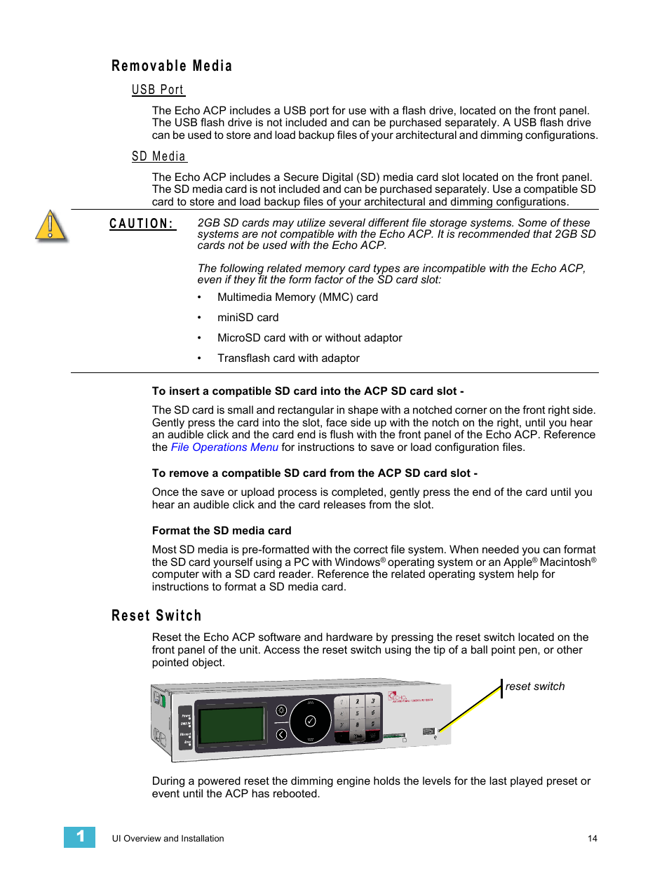 Removable media, Usb port, Sd media | Reset switch, Removable media reset switch | ETC Echo Architectural Control Processor (ACP) v1.0.0 User Manual | Page 19 / 88