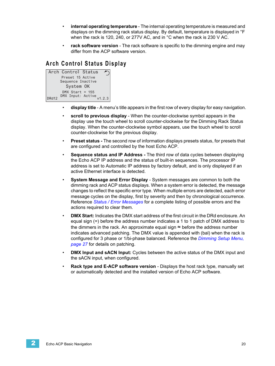 Arch control status display | ETC Echo Architectural Control Processor (ACP) v1.0.0 User Manual | Page 25 / 88