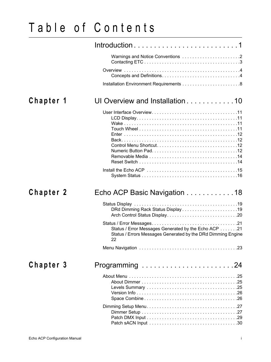 Introduction, Ui overview and installation, Echo acp basic navigation | Programming | ETC Echo Architectural Control Processor (ACP) v1.0.0 User Manual | Page 3 / 88