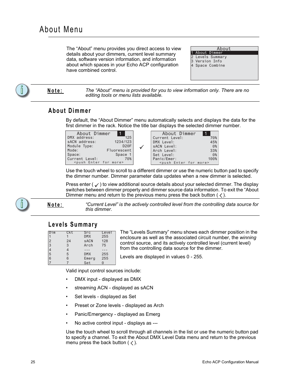 About menu, About dimmer, Levels summary | About dimmer levels summary, N o t e | ETC Echo Architectural Control Processor (ACP) v1.0.0 User Manual | Page 30 / 88