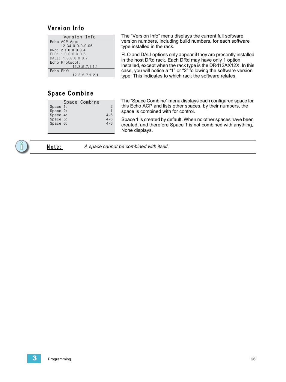 Version info, Space combine, Version info space combine | N o t e | ETC Echo Architectural Control Processor (ACP) v1.0.0 User Manual | Page 31 / 88