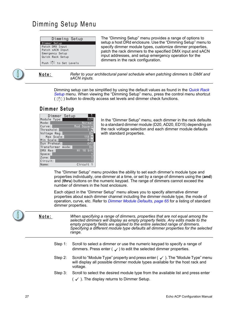 Dimming setup menu, Dimmer setup, N o t e | ETC Echo Architectural Control Processor (ACP) v1.0.0 User Manual | Page 32 / 88