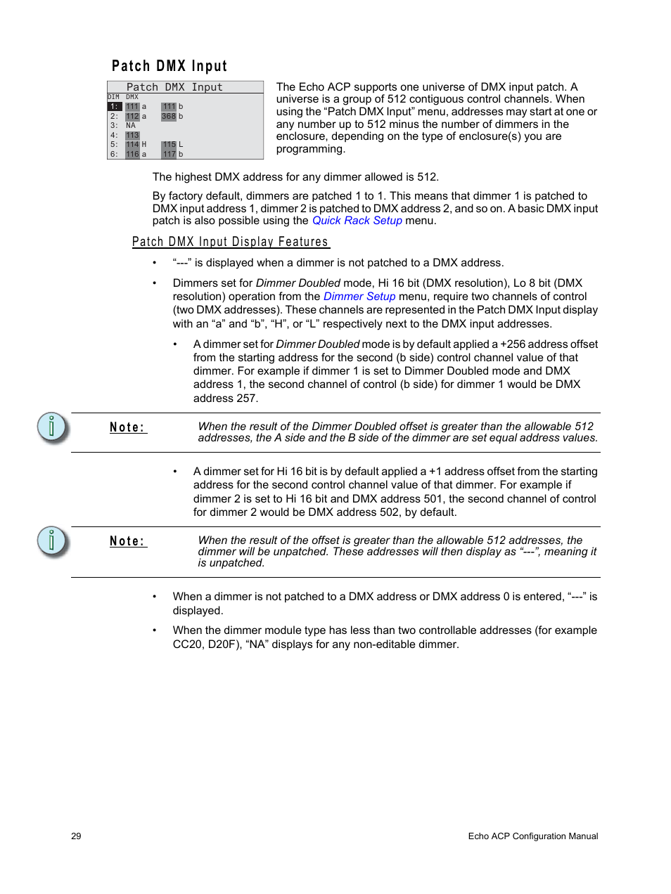 Patch dmx input, Patch dmx input display features, N o t e | ETC Echo Architectural Control Processor (ACP) v1.0.0 User Manual | Page 34 / 88