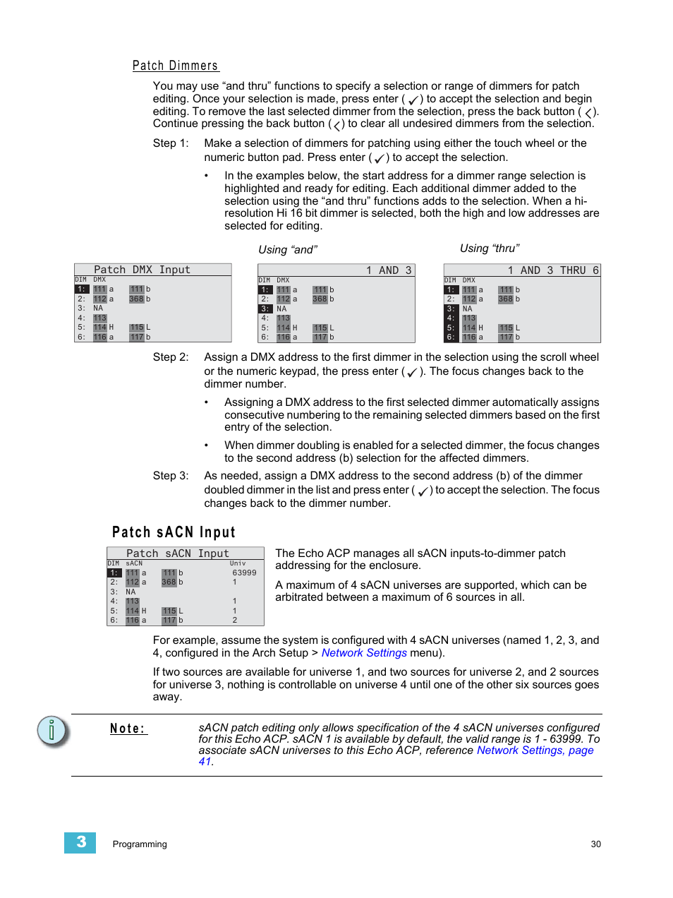 Patch dimmers, Patch sacn input, N o t e | ETC Echo Architectural Control Processor (ACP) v1.0.0 User Manual | Page 35 / 88