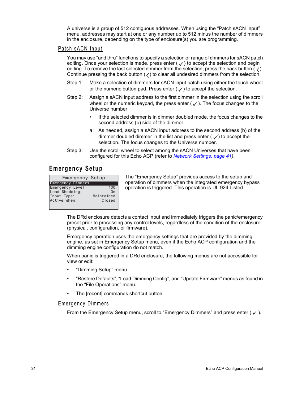 Patch sacn input, Emergency setup, Emergency dimmers | ETC Echo Architectural Control Processor (ACP) v1.0.0 User Manual | Page 36 / 88
