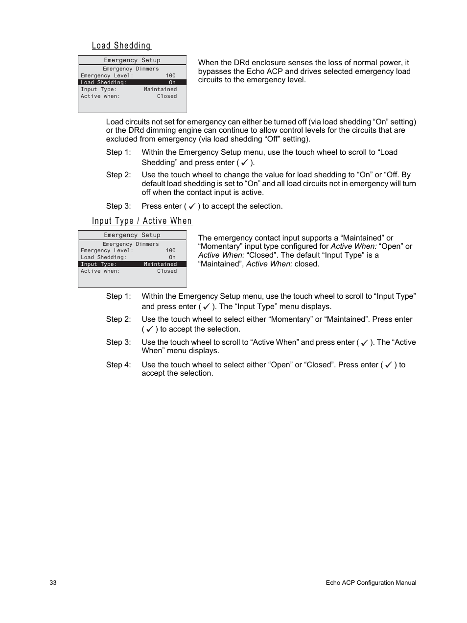 Load shedding, Input type / active when | ETC Echo Architectural Control Processor (ACP) v1.0.0 User Manual | Page 38 / 88
