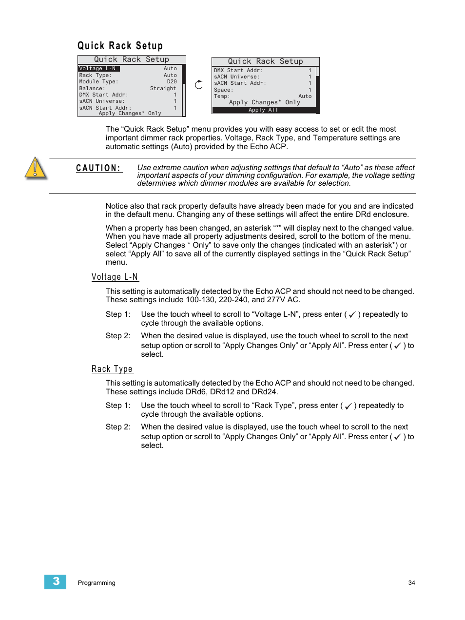Quick rack setup, Voltage l-n, Rack type | Quick rack, Setup | ETC Echo Architectural Control Processor (ACP) v1.0.0 User Manual | Page 39 / 88