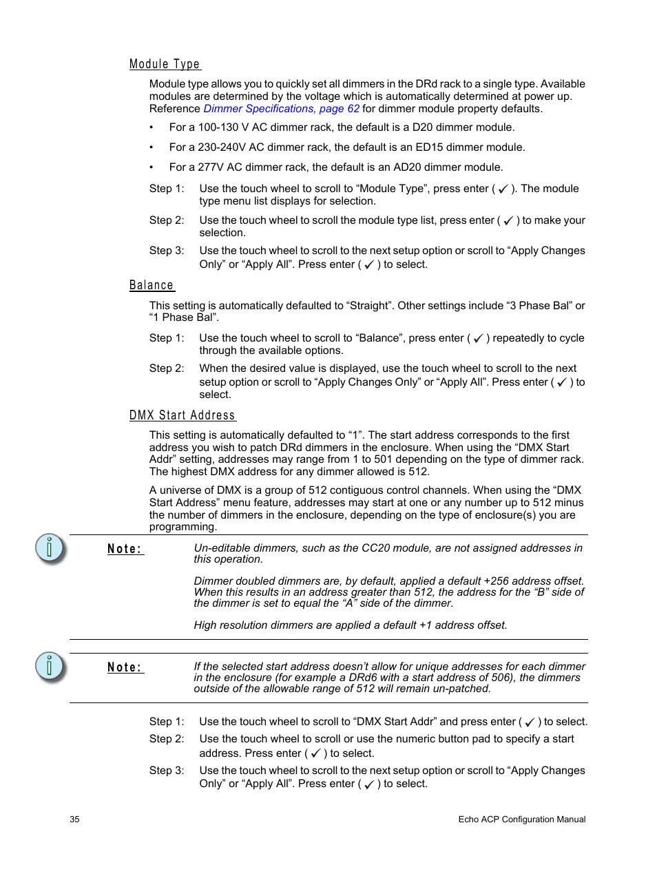 Module type, Balance, Dmx start address | N o t e | ETC Echo Architectural Control Processor (ACP) v1.0.0 User Manual | Page 40 / 88