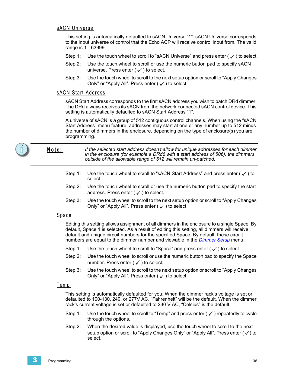 Sacn universe, Sacn start address, Space | Temp, N o t e | ETC Echo Architectural Control Processor (ACP) v1.0.0 User Manual | Page 41 / 88