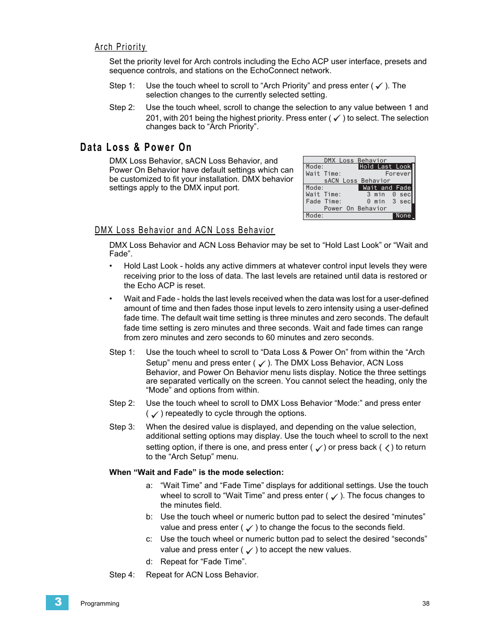 Arch priority, Data loss & power on, Dmx loss behavior and acn loss behavior | ETC Echo Architectural Control Processor (ACP) v1.0.0 User Manual | Page 43 / 88