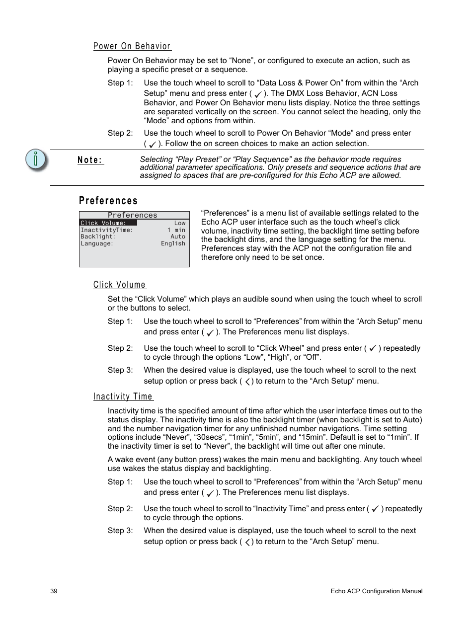 Power on behavior, Preferences, Click volume | Inactivity time, N o t e | ETC Echo Architectural Control Processor (ACP) v1.0.0 User Manual | Page 44 / 88