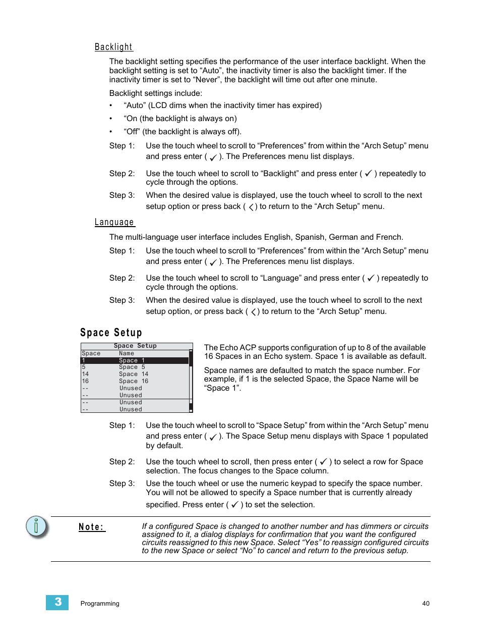 Backlight, Language, Space setup | N o t e | ETC Echo Architectural Control Processor (ACP) v1.0.0 User Manual | Page 45 / 88