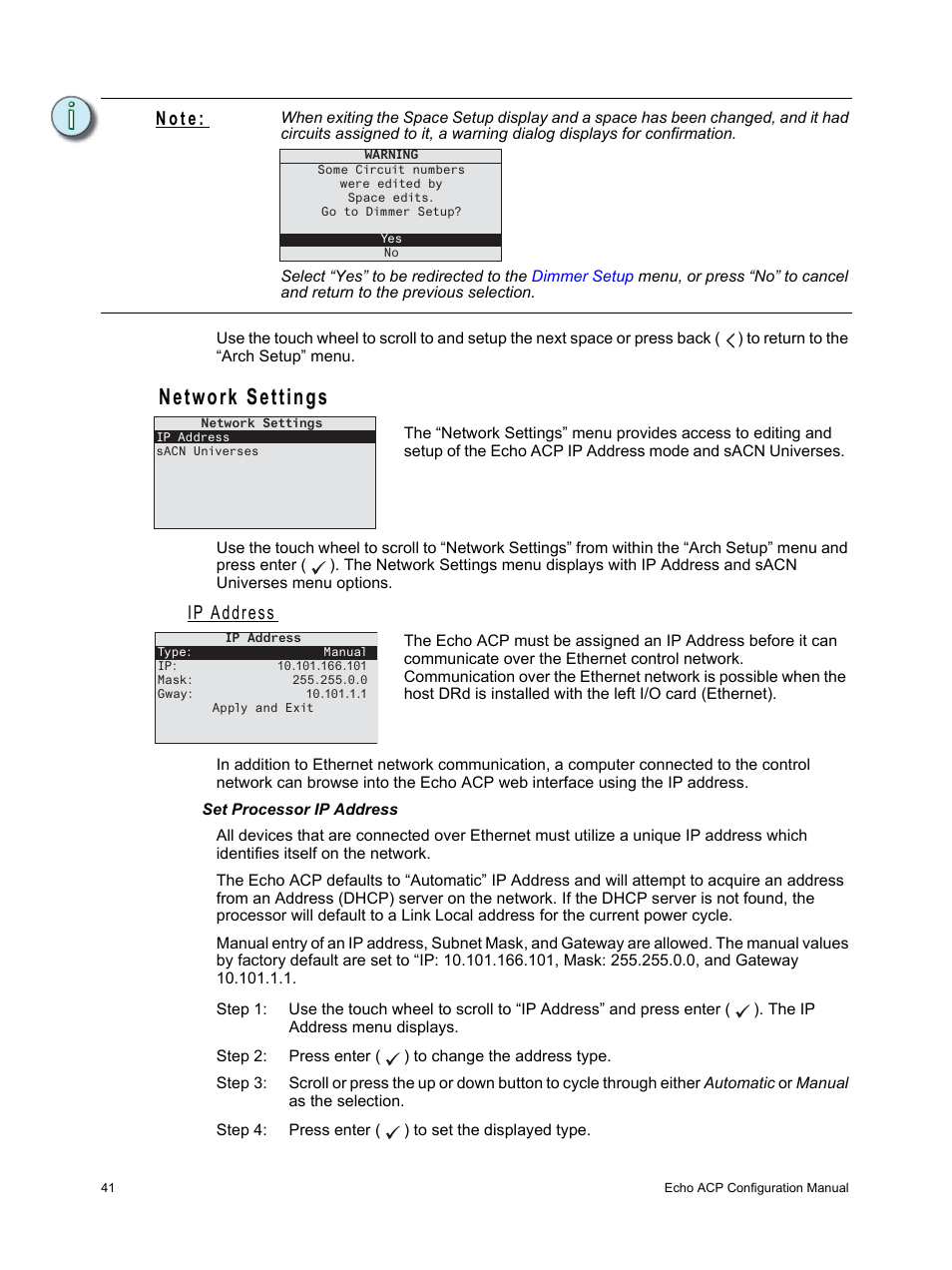 Network settings, Ip address, Set processor ip address | N o t e | ETC Echo Architectural Control Processor (ACP) v1.0.0 User Manual | Page 46 / 88