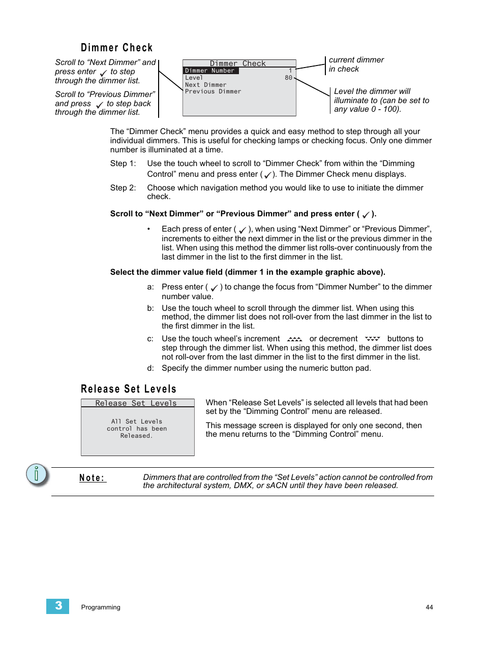 Dimmer check, Release set levels, Dimmer check release set levels | N o t e | ETC Echo Architectural Control Processor (ACP) v1.0.0 User Manual | Page 49 / 88